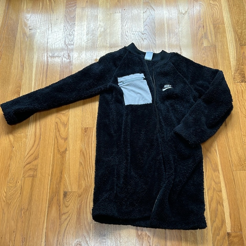 Girls long black fleece Nike coat